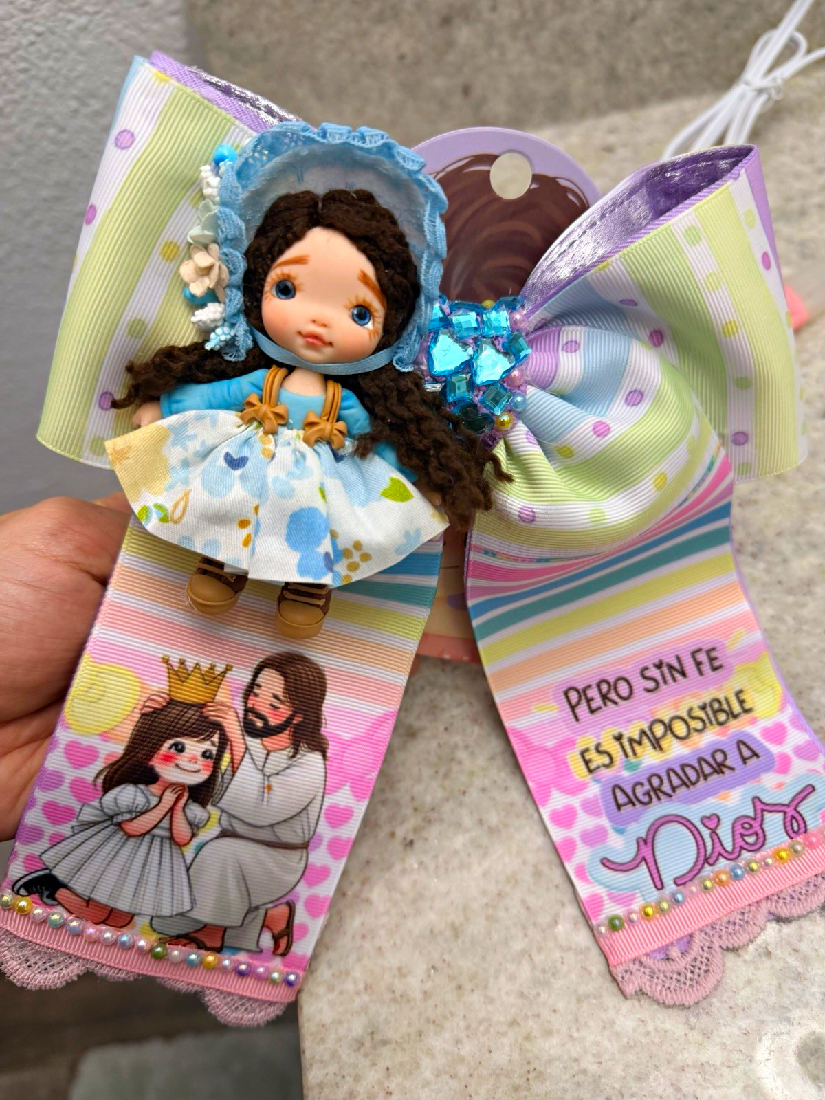 Girls Handmade Fabric Hair Bow Clip Multicolor Polka Dot Rhinestone Religious