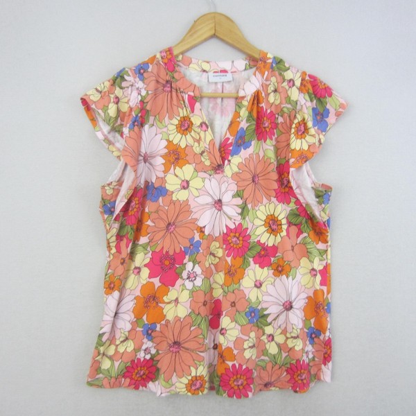 Sussan Top Womens Medium Orange Pink Floral Cap Sleeve Tee Shirt Stretch Casual