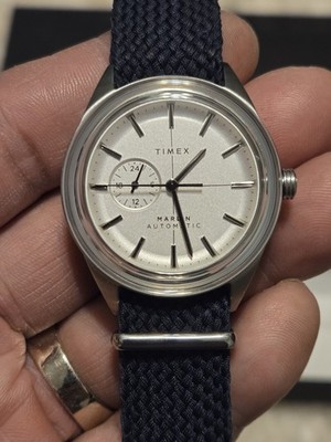 Timex Marlin Automatic Men's Watch Silver Dial Blue One-Piece Fabric Strap Box
