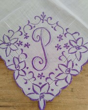 Vgt P Monogram Purple Embroidery White Batiste Hankie Handkerchief