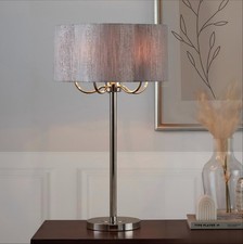 30" Contemporary Metal Table Lamp Polished Nickel Grey Linen Shade