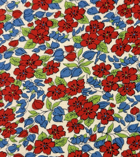 Vintage 1930s Feedsack Fabric Red-Blue-Green Floral Cotton Scrap 9x9.5"