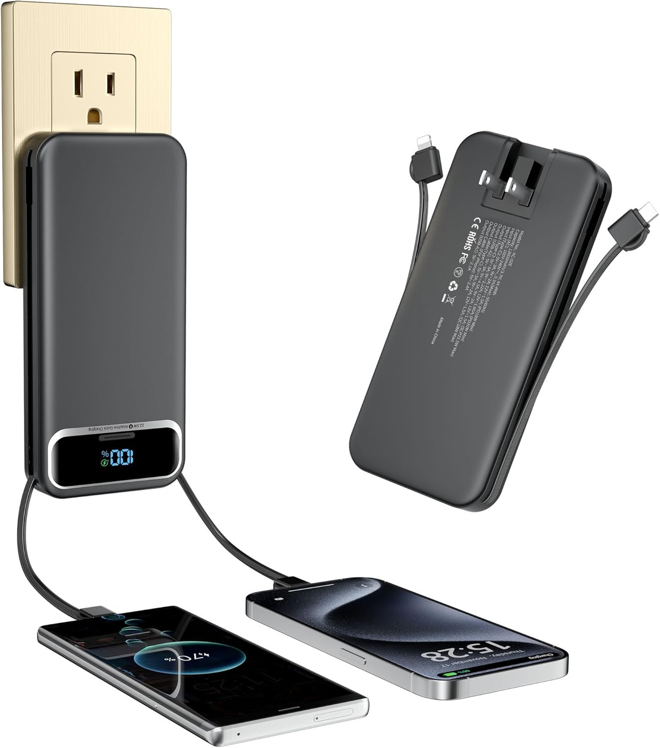 12000mAh Portable Charger with Built-in Cables & AC Wall Adapter in Black-image