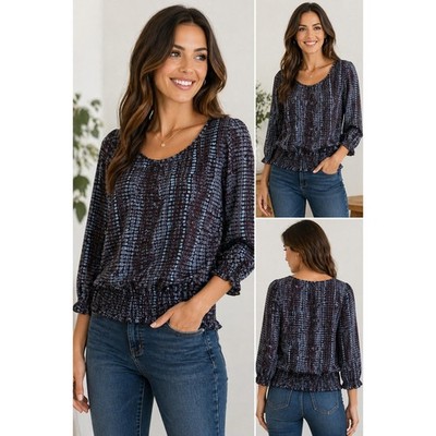 Thesis Geometric Print Blouse Womens Small Purple Blue Smocked Blouson Top