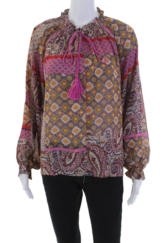 Molly Bracken Womens Geometric Long Sleeve Flowy Boho Woven Blouse Pink Size S