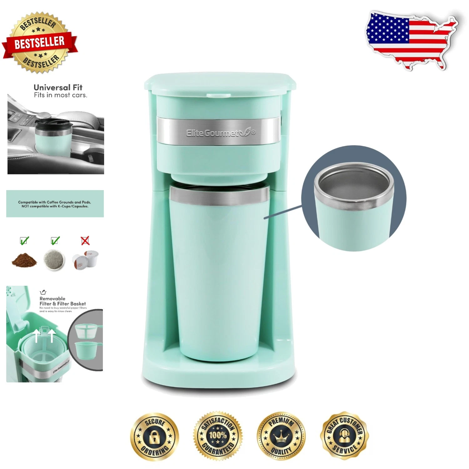 Compact Coffee Maker Mint: Quick Brew, 14oz Steel Mug, Grounds, Portable, Safe