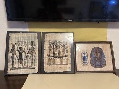 Authentic Hand Painted Ancient Egyptian Papyrus Framed 11  x 14 , 3 Pictures