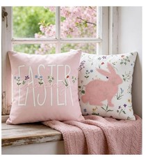 Easter Bunny Floral Embroidered Sherpa Pillow Covers Pink 18x18in Set