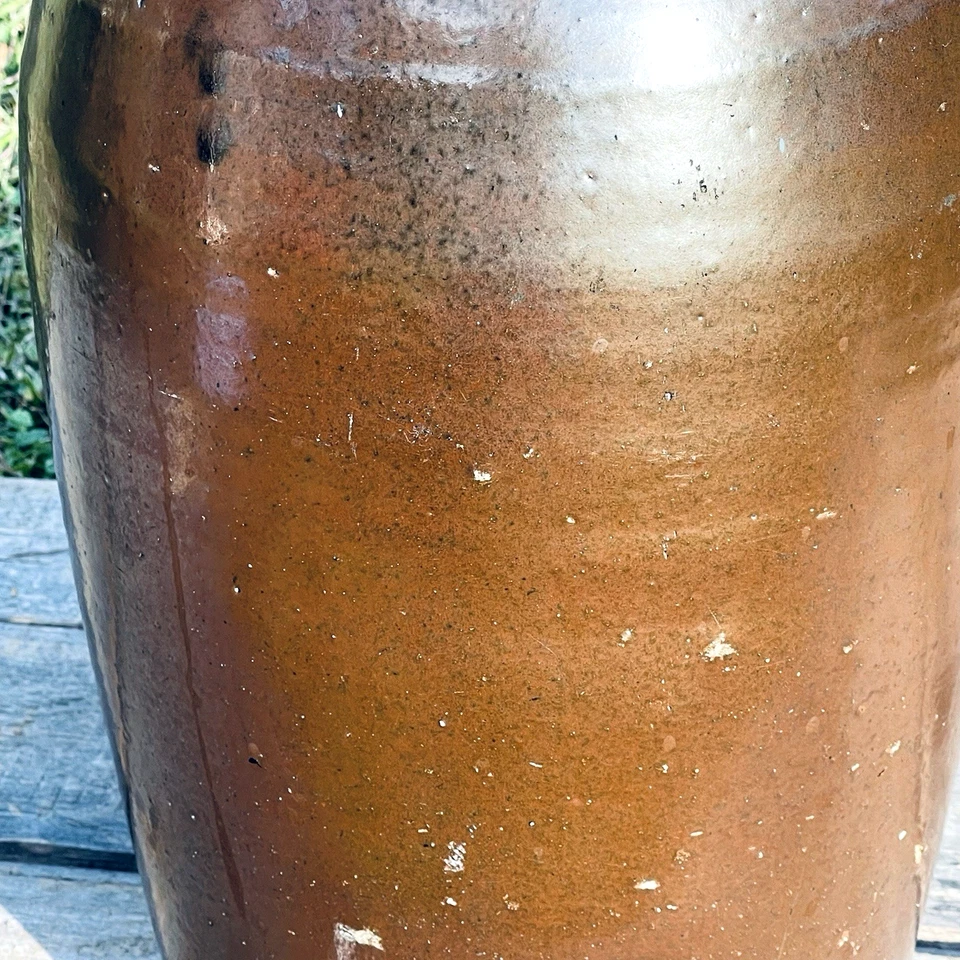 Antiguo tarro de vaso de gres de 4 galones con mango esmalte marrón negro 18,25" Foto 4 de 4