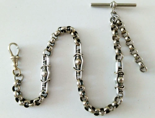 Antique NCRCO Pocket Watch Chain T bar & Dog Clip Clasp Fancy Link Nickel Silver