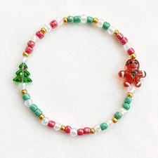 Bracelet Christmas Tree Cute Gingerbread Man Green Red Gold Beads Sparkle Unique