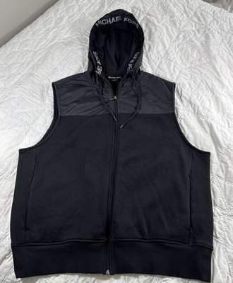 MICHAEL KORS Vest Mens Size L Black Mixed Media Softshell Sleeveless Zip Hooded