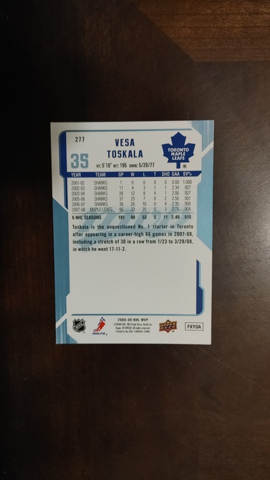 2008-09 Upper Deck MVP Vesa Toskala | eBay