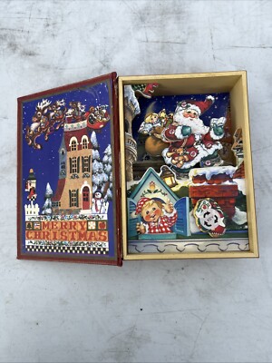Old Time Santa Animated Christmas Music box Book wind up Vintage