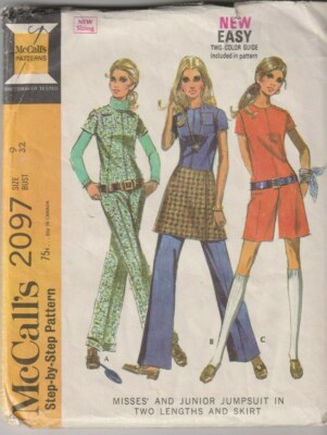 2097 McCALLS c.1969 - JUMPSUIT in 2 Lengths & MINI SKIRT - Jr Sz 9 B 32''