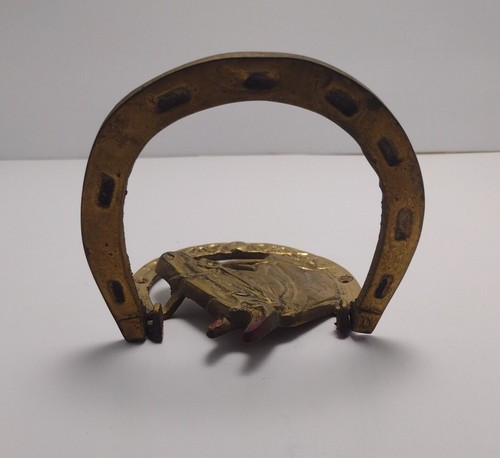 Vintage HORSE HEAD Brass Door Knocker HORSESHOE Homestead Horse Farm Western🔥 - Picture 5 of 8