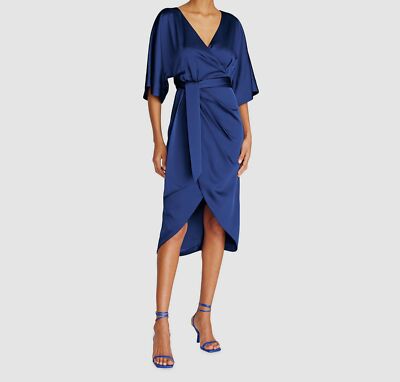 $645 Theia Women's Blue Satin Surplice Short Sleeve Self Tie Wrap Dress  Size