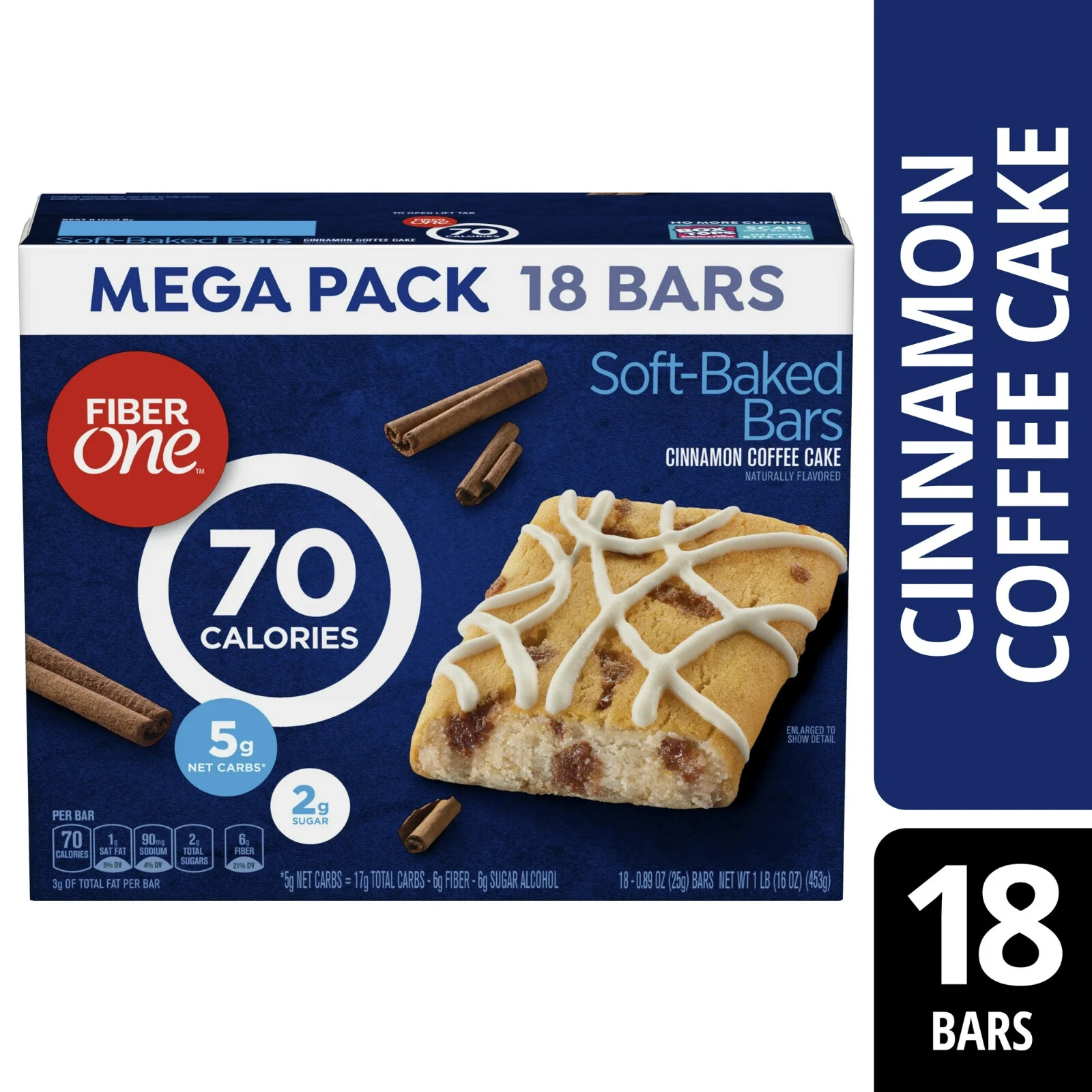 Fiber One 70 Calorie Soft-Baked Bars, Cinnamon Coffee Cake, 18 Ct