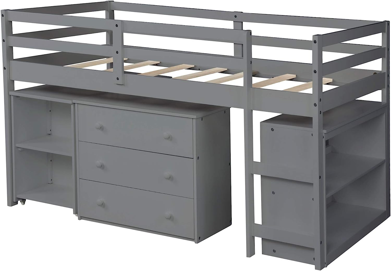 Twin Loft Bed with Desk, Low Study Loft Bed with Storage Cabinet and Rolling Por