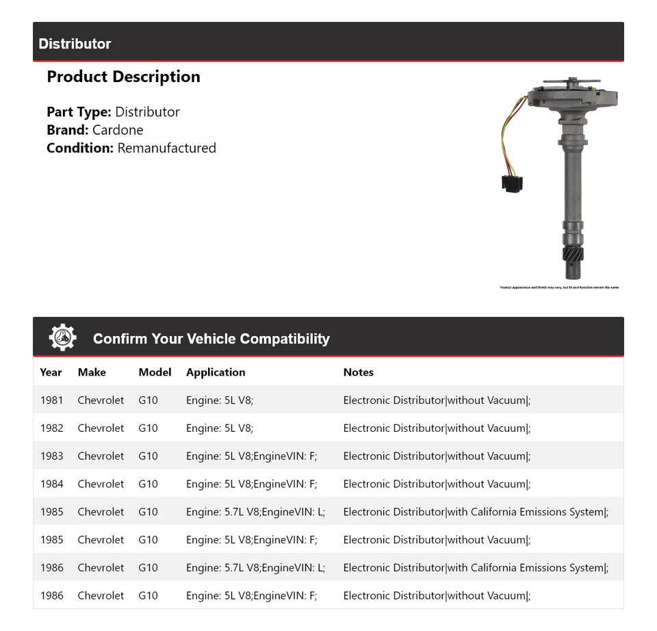 Para 1981-1986 Chevrolet G10 Distributor Cardone 1982 1983 1984 1985 - Imagem 2 de 4