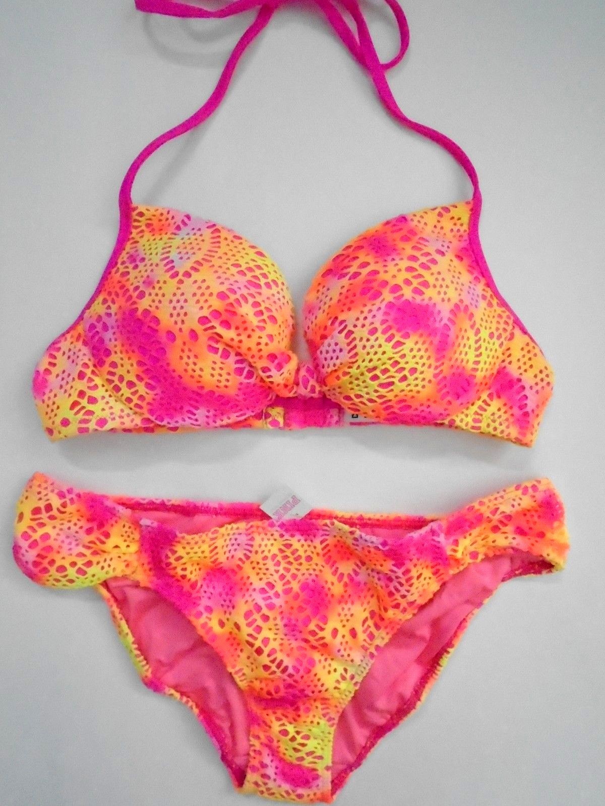 Victorias Secret Pink Bikini Swim S Push Up Crochet Neon Ombre Tie Dye Beach