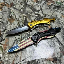 Set of 2 M-TECH Spring Assisted  pocket knife USA FLAG Steel Blade with opener