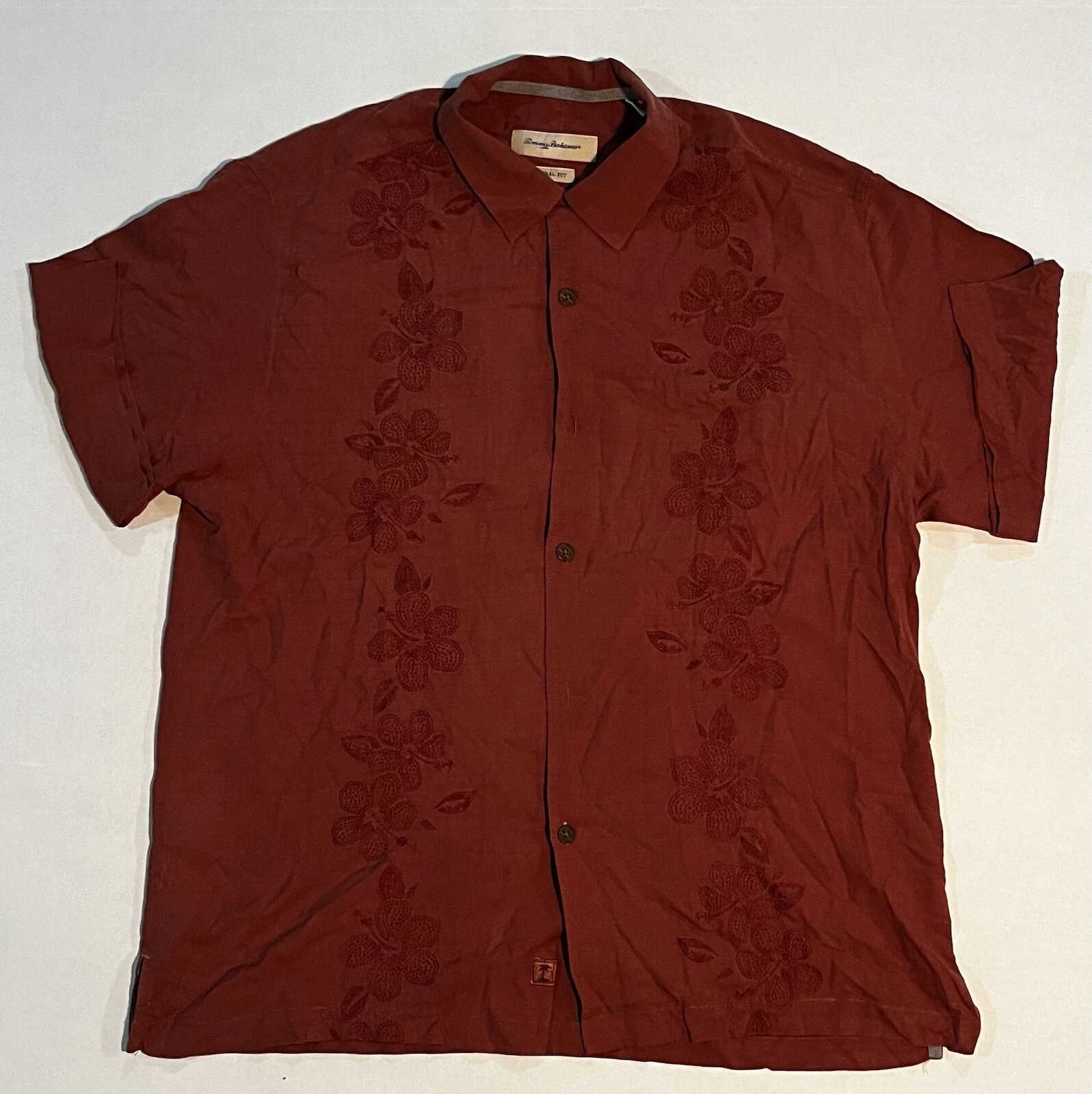 Tommy Bahama Hawaiian Shirt Mens Large Red Silk Short Sleeve Button Up Floral US