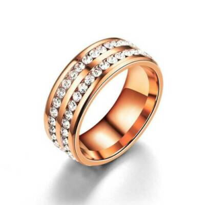 US SELLER STAINLESS STEEL Full Double Row Crystal Band Ring ROSE
