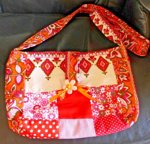 Bag Cotton Purse Handmade Quilted14 x10 ןnch Pockets pinks red orange cross body - Picture 9 of 12