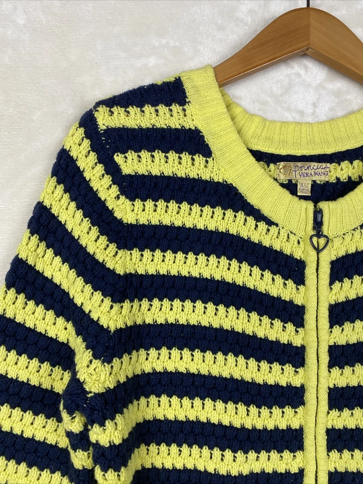 Y2k Princess VW Cardigan Sweater Womens XLarge Yellow Blue Striped Full Zip - Image 3 of 4