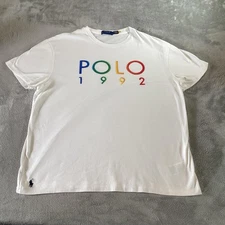 Polo Ralph Lauren Shirt Mens Large White 1992 Multi Color Logo Graphic Tee