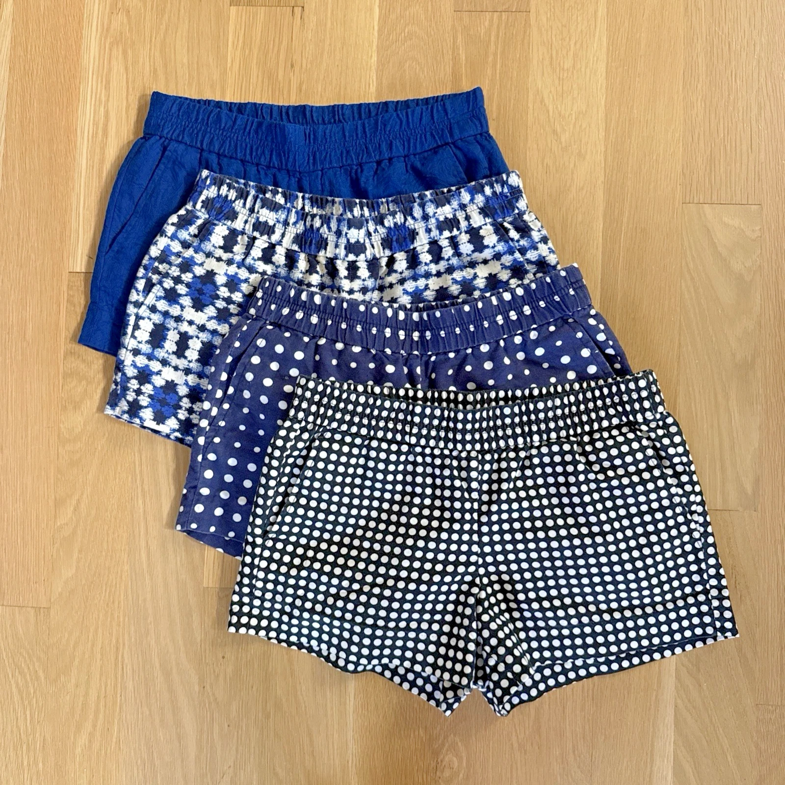 Lot 4 Pairs J Crew Pull On Shorts Women’s 2 Blue Polka Dot Shibori Linen Cotton