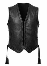 Men's Black Leather Biker Vest Braided Trim Motorcycle Waistcoat Western Tassel