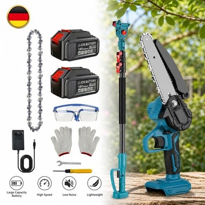 500W Mini Akku Kettensäge mit 2x 5500mAh und Ladegerät + Teleskopstange 1,1-2m.