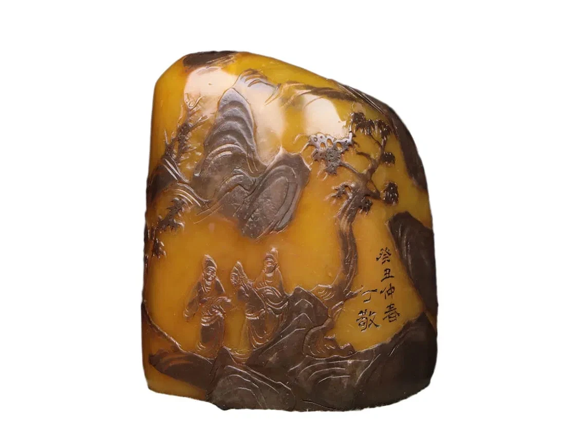 1903SDW1701】中国古董品 清時代 壽山石 【山水人物紋】古印材 文房