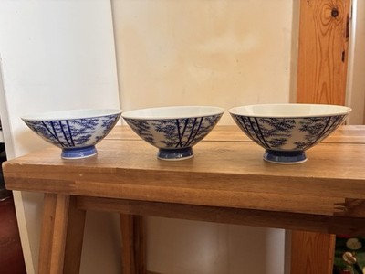 Reisschalen Porzellan Japanisch Blau Weiß 3er Set Bambus Bild Vintage