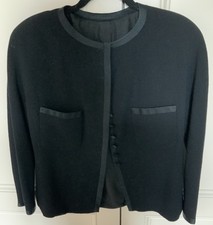 Chanel Boutique Black Wool Jacket Satin Button Trim Silk Lining France Size 42