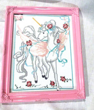 Framed Unicorn Petit Point Baby's Room Decor Pink Wood Frame 91/2 x 11 1/2 in.
