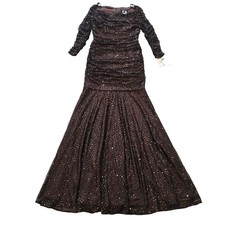 Tadashi Shoji Gown Womens Size M Ruched All Over Sequin Sheer Long Sleeves Lined