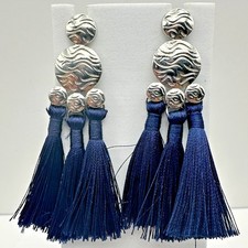Vintage 90s Silver Tone Navy Blue Tassel Dangle Earrings Women's Statement Y2K
