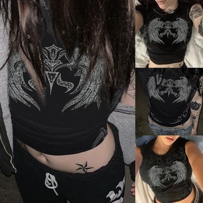 Schwarzes Slim Fit Damen T-Shirt Gothic Punk Print Kurzarm Vintage Style