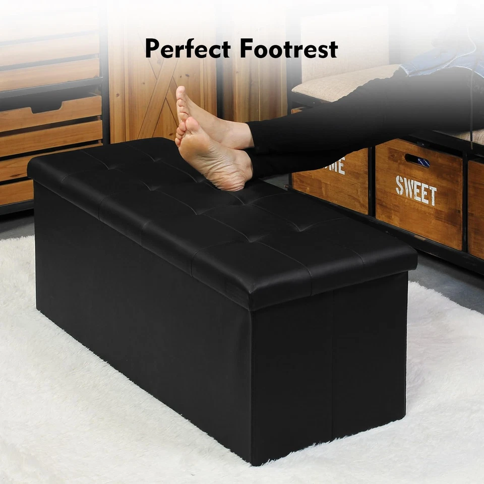 Banco otomano de almacenamiento plegable, cofre largo de cuero sintético negro con bandeja, pie... Foto 2 de 4