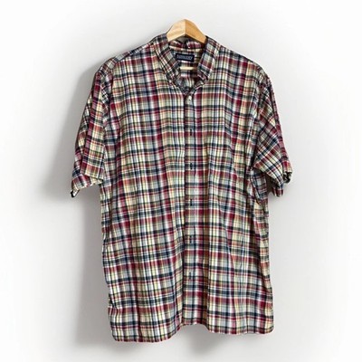 Lands  End Short Sleeve Madras Plaid Button Up Shirt Men s Size Large