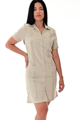 Ladies NATURAL 100% Soft Linen Traditional (4) Pocket Guayabera Dress -  LLGD3010 | eBay