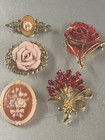 Brooches Pins Roses Various Shapes Rose Theme Vintage Lot  Enamel Metal Cameo — photo 1