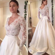 V Neck Wedding Dresses Long Sleeves Appliques Buttons Back Satin Bridal Gowns