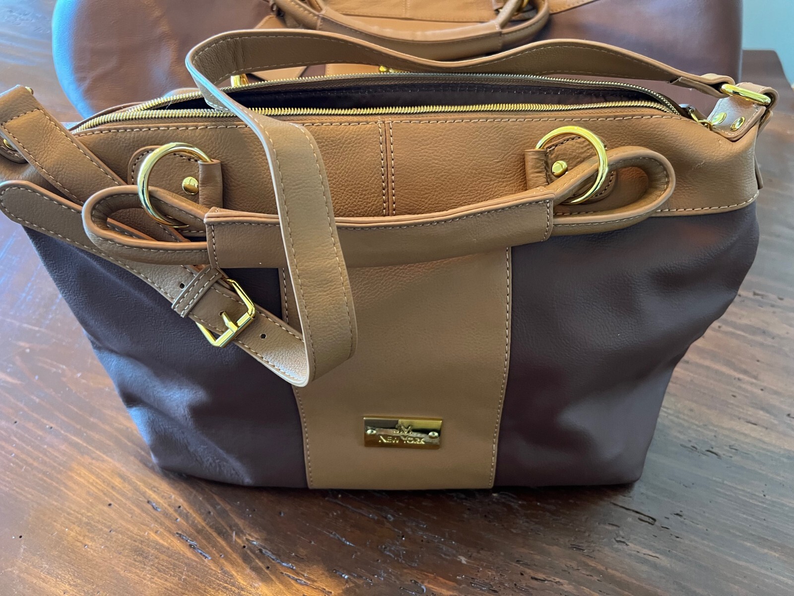 JM New York Brown and Tan Luggage Roller Bag & Purse/tote eBay