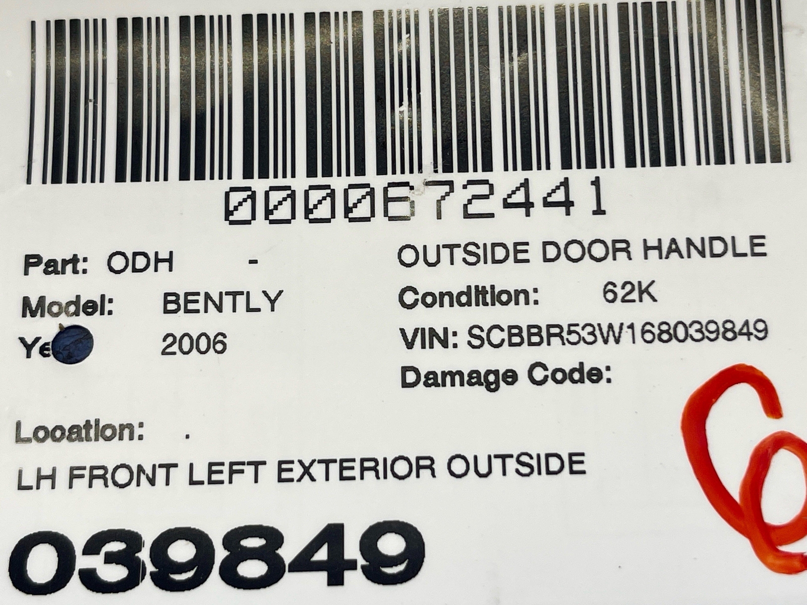 2006-2012 BENTLEY CONTINENTAL FLYING SPUR FRONT LEFT EXTERIOR DOOR HANDLE (LR5W)
