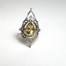 925 Sterling Silver Genuine Pear Shaped Yellow Citrine Filigree Ring 4.70g x Sz7