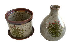 Vintage Takahashi Speckled Stoneware Sake Bottle Vase with Woven Rattan Medallion
